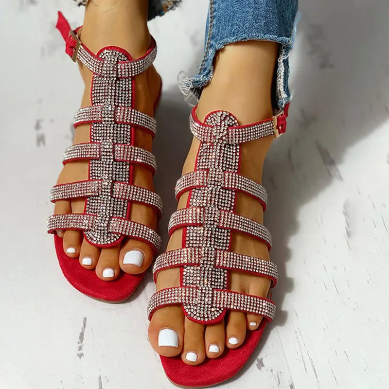 

New Women Flat Ankle Strap Sandals Womens Buckle Glitter Gladiator Beach Shoes Women Rome Crystal Bling Ladies Fashion Plus Size