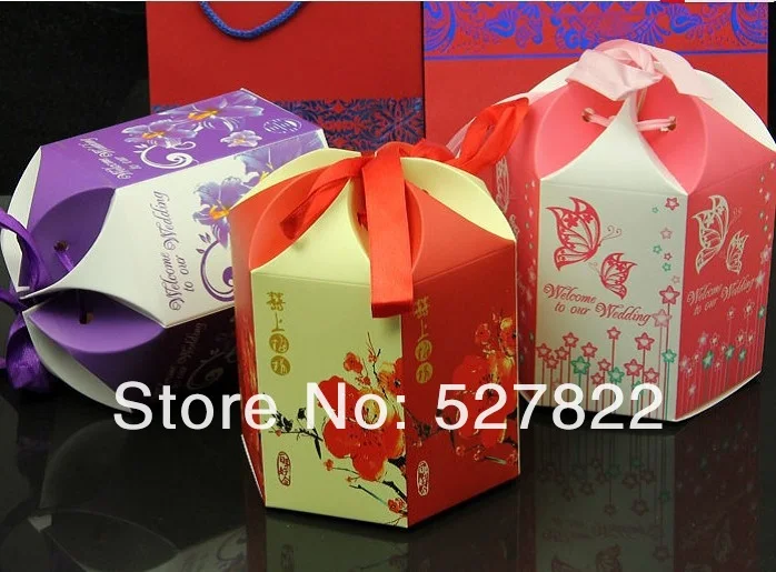 

100pcs Romantic Hexagon Wedding Favors Candy Box with Ribbon Gift Box Chocolate Box Event & Party Supplies