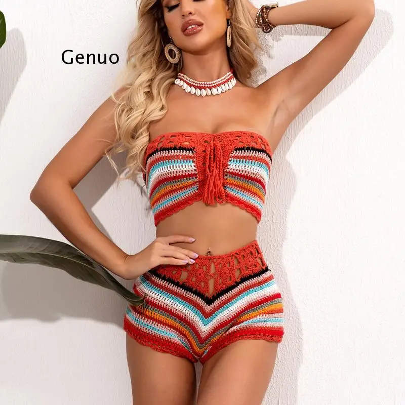 

Crochet Lace Up Female Swimsuit High Waist Bikini Bandeau Women Swimwear Two-Pieces Bikini Set Bather Bathing Suit Swim