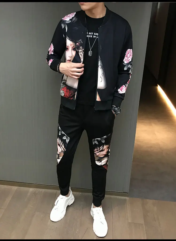 Society Trend Slim Fit Mens Set Coat Zipper Autumn Sportswear Print Casual Tracksuit Man Sweatshirt Man Jacket Plus Velvet