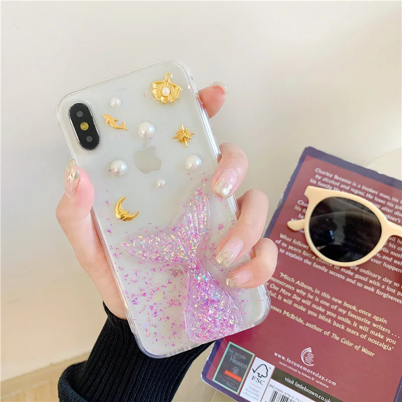 Для iphone 6 6s 7 8 plus X Корея Роскошный Модный милый мультяшный хвост русалки эпоксидные блестки Мягкий силиконовый прозрачный чехол задняя крышка - Цвет: 1