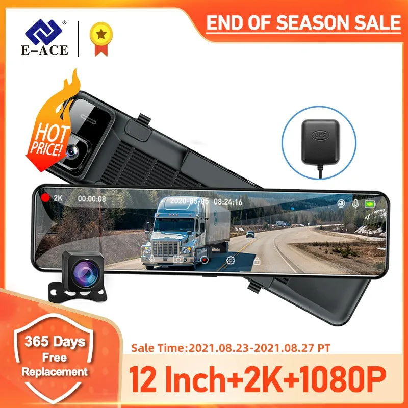 HOT SALES! E-ACE A46 2K Car Dash Camera Mirror 12 Inch Touch Driving Recorder Night Vision Dashcam DVRs support GPS 1080P Rear Camera