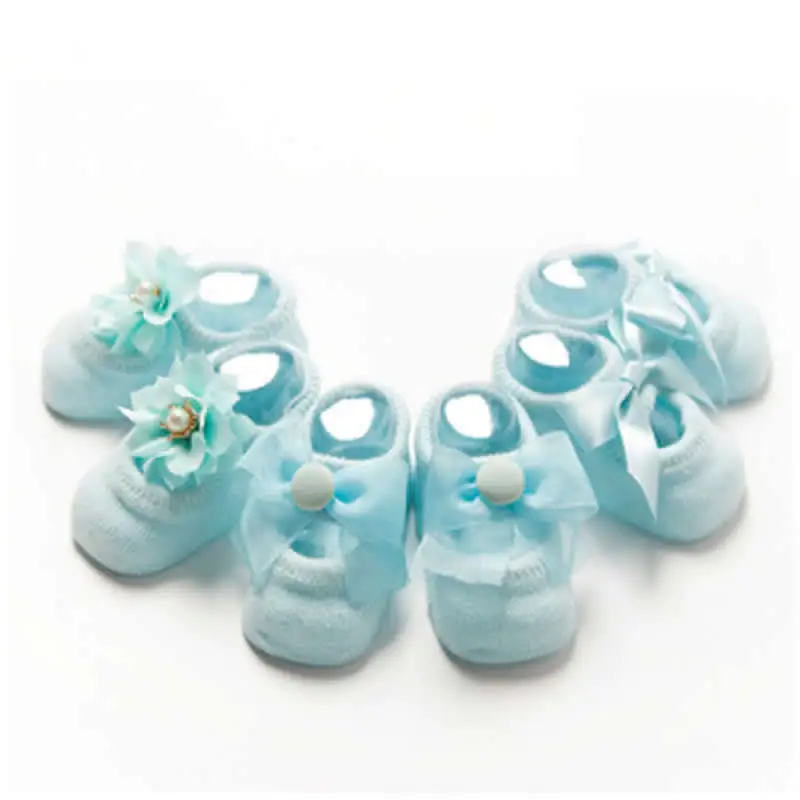 Blue 3pair Носки с бантиками для маленьких девочек детские носки-тапочки с кружевным цветком и бантом носки для маленьких девочек короткие носки из чесаного хлопка - Цвет: Blue 3pair