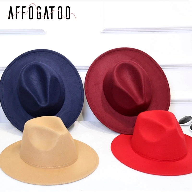 Afogatoo элегантная шерстяная Фетровая Шляпа Fedora с широкими большими полями, винтажная женская элегантная Осенняя Зимняя шляпа-федора, одноцветная женская шляпа от солнца