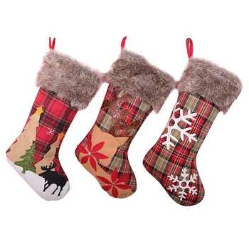 

3 Pcs Christmas Stockings Plaid Style with Snowflake Elk Christmas Tree for Xmas Holiday Party Decor