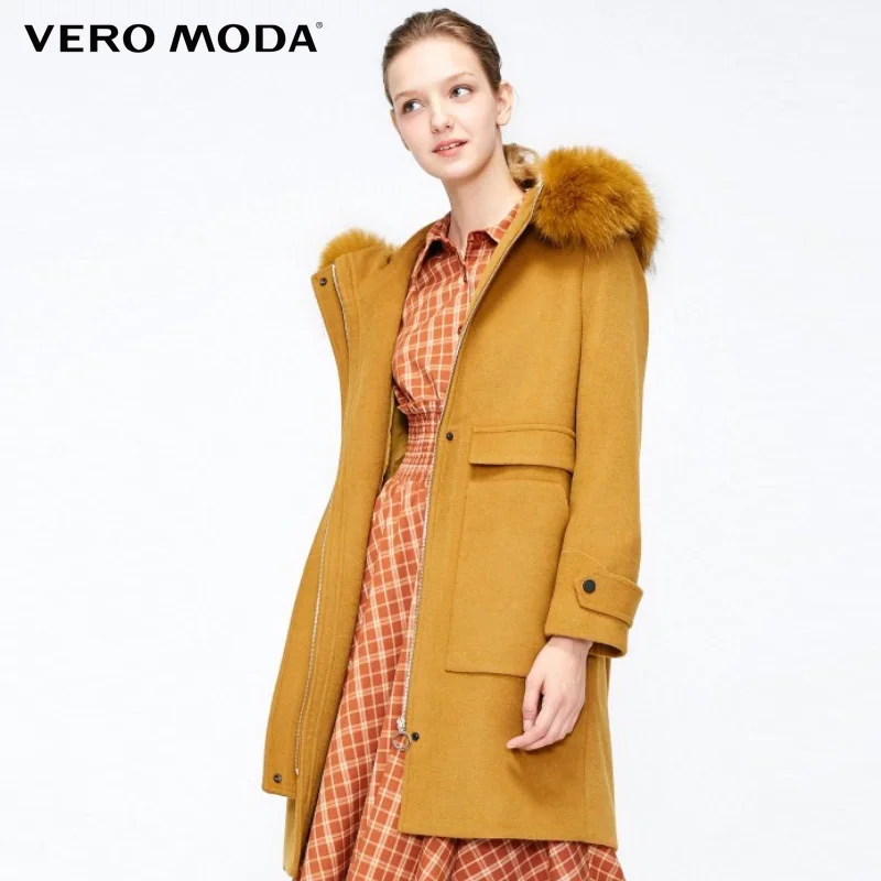 Vero Moda осенне зимнее шерстяное пальто со съемным воротником из меха енота |