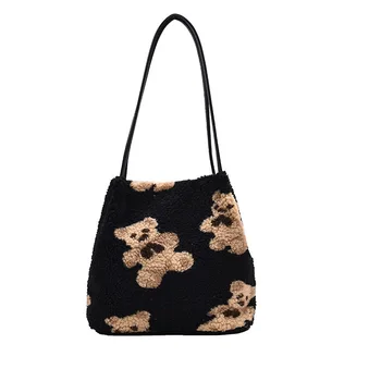 

Women Lambswool Fabric Shoulder Tote Bag Canvas Fluffy Fur Bear Handbags Large Capacity Soft Shopping Bags Girls Cute School Bag