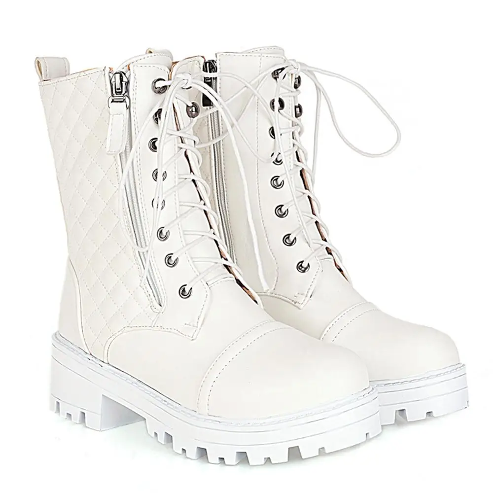 

Square Pattern Side Zipper Platform Women's Boots Cross Strap Round Head Autumn And Winter Style Street Student Ankle Boots