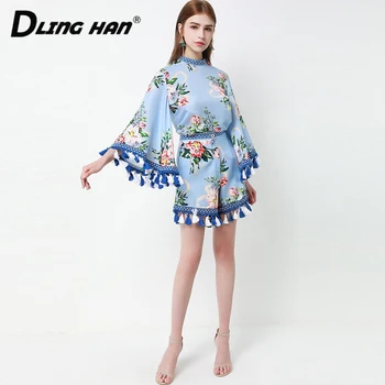 

LINGHAN Runway Women Summer 2020 Twinset Vintage Stand Collar Flare Sleeve Blouse Tassel Shorts Fashion Floral Print Suit