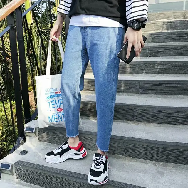 

Men's Washed Feet Shinny Denim Trousers Jeans Slim Fit Elastic Feet 2020 Trend Pants Hip Hop Elastic Waist Cowboys Pants