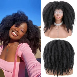 Short Synthetic Afro Kinky Twist Hair Wig Lace Front Wig With Bangs 14 Inch Fluffy Afro Marley Twist Braiding Hair Wig For Women