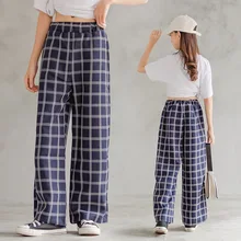 Pantalon à carreaux à jambes larges pour filles, vêtement d'été ample et décontracté pour écoliers et enfants de 13 à 14 ans, 2022 
