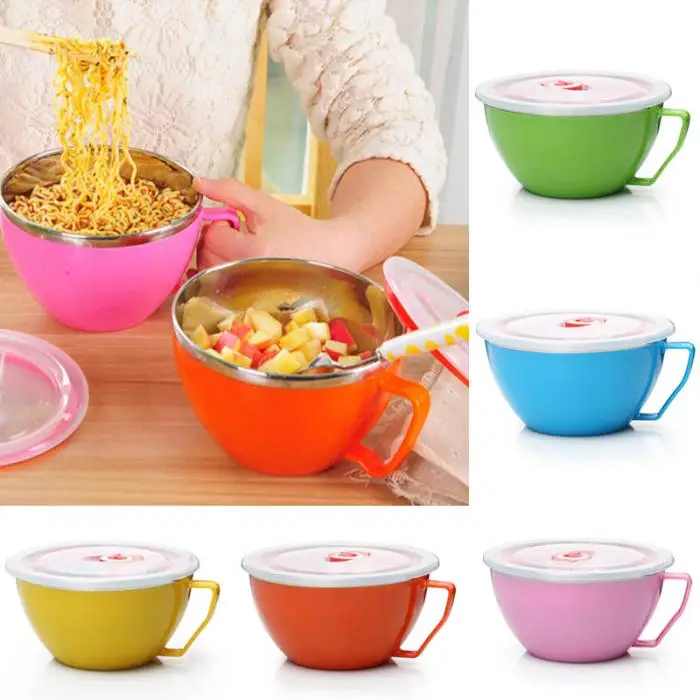 Noodle Soup Bowl With Lid Handle Stainless Steel Plastic Leak-Proof Food Container Rice Bowls Kitchen storage tool