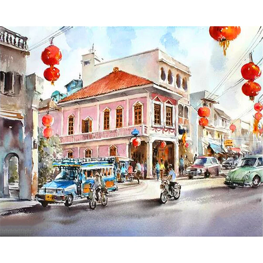 

Street Theme Paint by Numbers with Colorful Box Packing and Fewer Folds Color Canvas and Combo Inner Frame For DIY Oil Painting