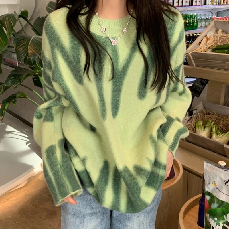 Print Knitted Sweater Women Elegant Green Striped Oversized Pullovers Women Winter Loose Long Sweaters Streetwear Sueter Mujer 2