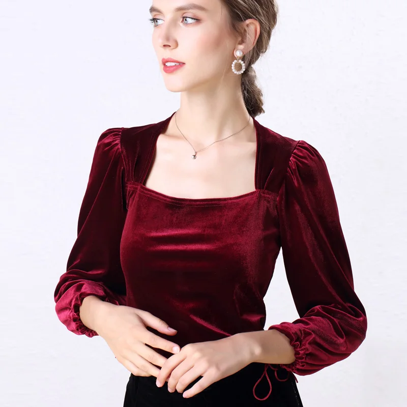 

Women Vintage Square Collar Soft Full Sleeve Velour Tee Shirts T shirts Girls Solid Fashion Tops Autumn Everyday Clothing Woman