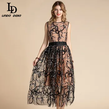 

LD LINDA DELLA Summer Fashion Designer Vintage Dress Women's Sleeveless Flowers Embroidery Mesh Long Party Dresses vestidos