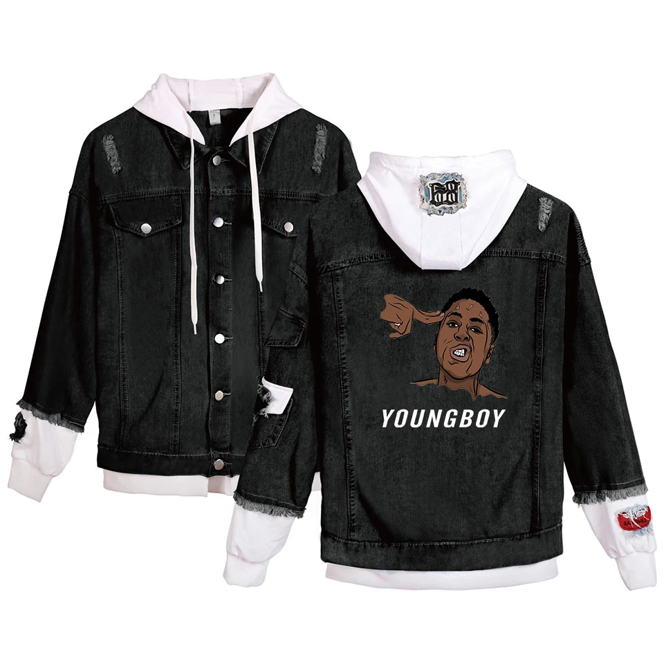 Black denim white Джинсовые куртки с капюшоном YoungBoy Never Broke снова куртка для мужчин и женщин поддельные два предмета хип-хоп пальто Высокое качество модная осенняя куртка - Цвет: Black denim white