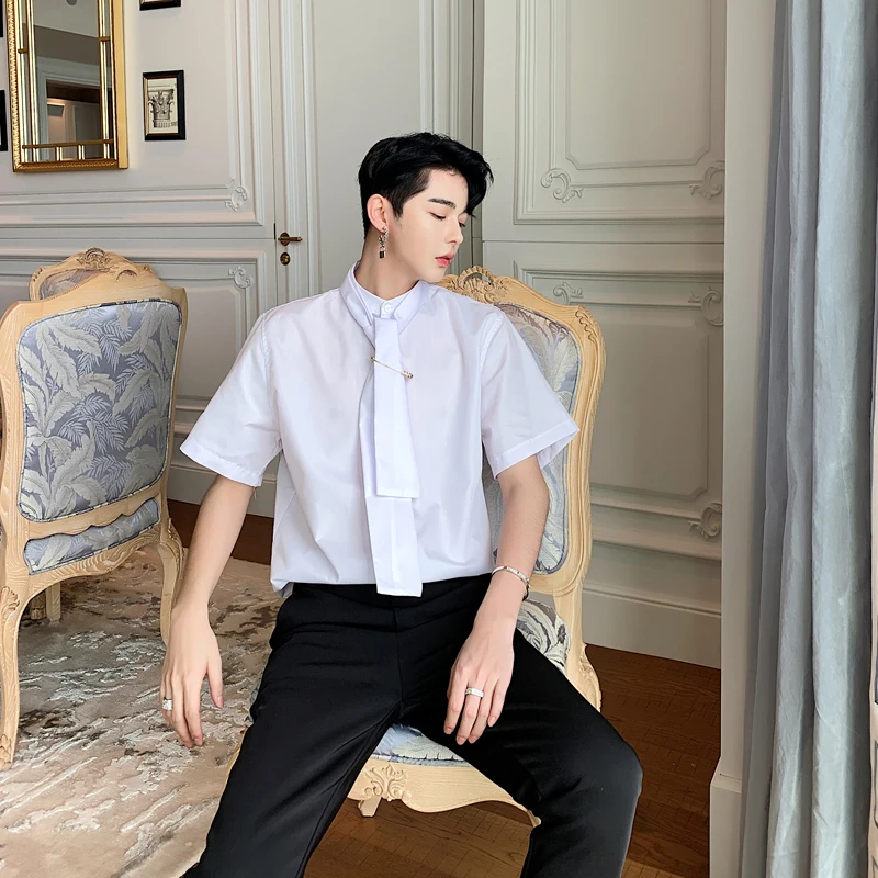 

Рубашка мужская Винтажная с коротким рукавом, повседневная с воротником-стойкой, свободная Классическая, для выступлений и выступлений, уличная одежда, черная белая