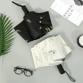 

Women Folding Parasol Fully Umbrella Bronzing Feather Umbrella Rain Sun Protection Women Compact Folding Lady Umbrellas