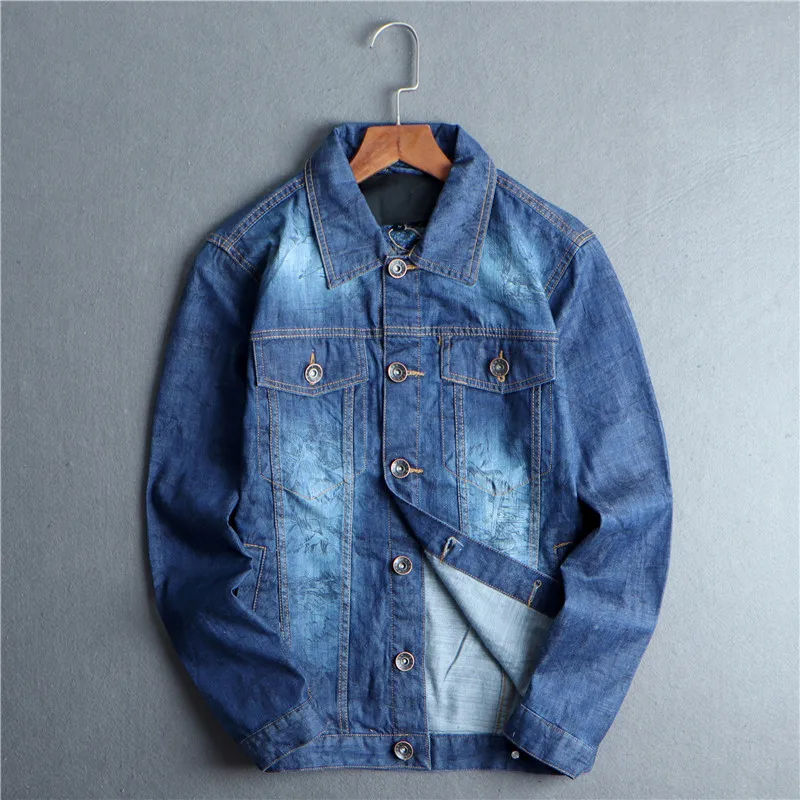 

Men's Denim Jacket Shirt Thin Section Jacket Men's Shirt Spring New Lapel Washed Printed Tide Brand Denim Jacket