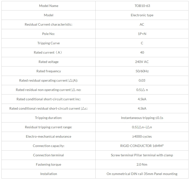 TOB10-63 1p+ N 230 в~ 50 гц/60 гц RCBO 6A 10A 16A 20A 25A 32A 40A 63A автоматический выключатель с защитой от перегрузки по току