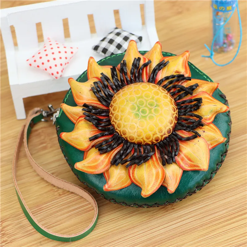 BDHRKTE Heart-Shaped Sunflower Coin Purse - Genuine Cowhide Leather Small Bag For Women - View #8
