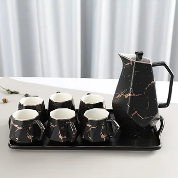 

Bone China Tea Cup Set Gold Rim Grey Black Marble Pattern Ceramic Coffee Set Pot Saucer Bar decoration household kitchen supplie