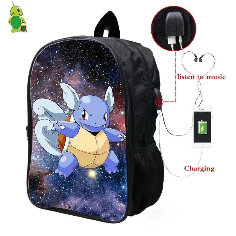 Pokemon Wartortle Galaxy Космический рюкзак Многофункциональный USB зарядка Разъем для наушников школьные сумки для подростков ноутбук рюкзак