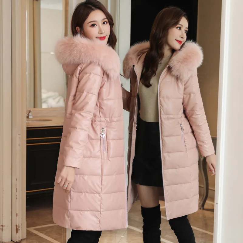 

2019 Winter New Style Korean-style Thick Mid-length PU Leather down Jacket Cotton-padded Clothes Women's Slimming Really Fox Fur