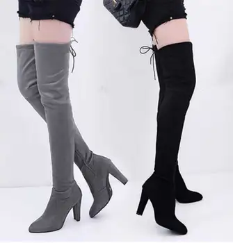 

2019 Flock Long Boots Women Autumn Knee High Boots Woman 8 Cm Sexy High Heels Point Toe Boots Spring Femme Shoes Big Size 43