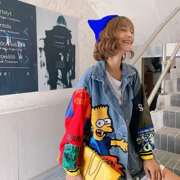 

Cartoon Denim Jacket Female European Station 2020 Spring New Sequins Color Matching Loose Tooling Women Jacket Tide Brand