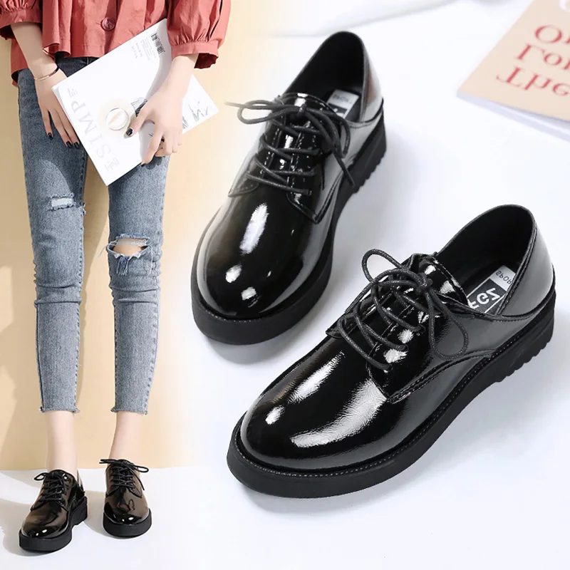 

Round Toe Shoes Woman 2019 Oxfords Women's Black Flats Casual Female Sneakers All-Match British Style Ladies' Footwear New