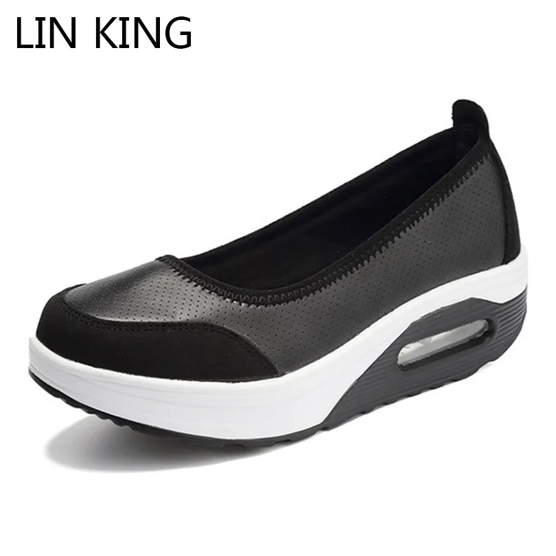 

LIN KING Plus Size Women's Leather Casual Vulcanized Shoes Slip On Lazy Loafers Wedges Platform Swing Shoes New Outdoor Sneakers