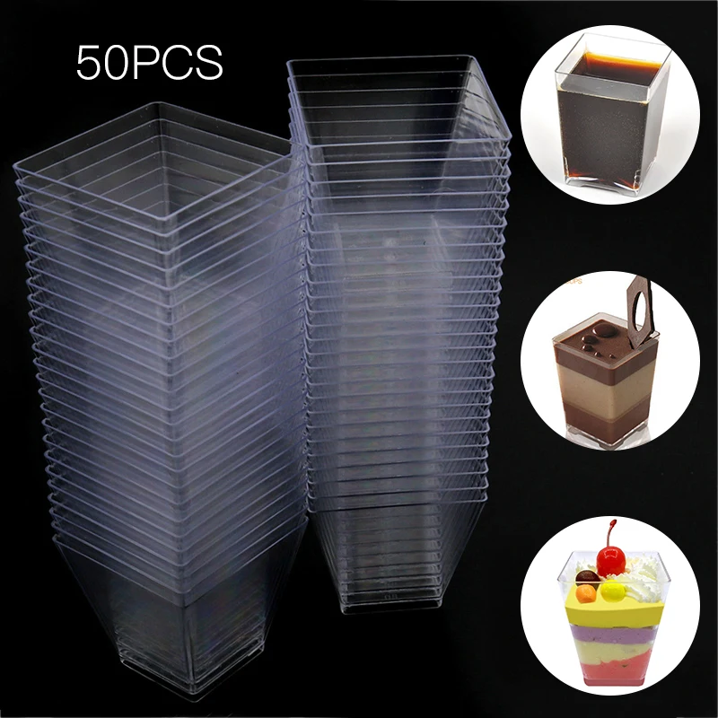 

50Pcs 120ml Mini Square Dessert Cup Cube Plastic Sample Dish Tray Cake Jelly Pudding Cups Party Kitchen Accessories 5*5*7cm