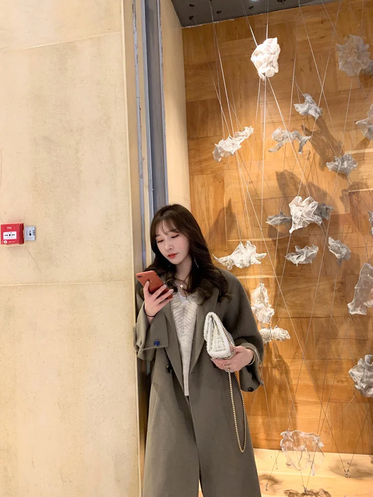 Winter New Korean Women Pure Wool Coat X-Long Handmade Double-Sided Wool Coat with Belt for Women 3 Colors