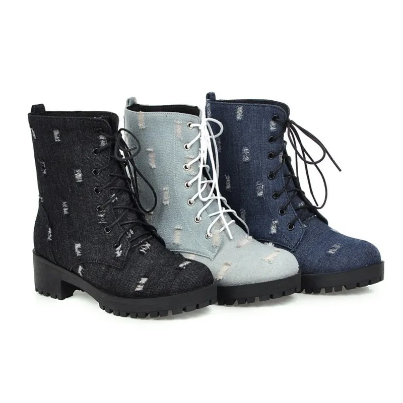 

US4-11 Womens Pointed Toe Denim Jeans Ripped Ankle Boots Side Zip Block Mid Heel Warm Punk Motorcycle Winter Shoes Plus Sz A1635
