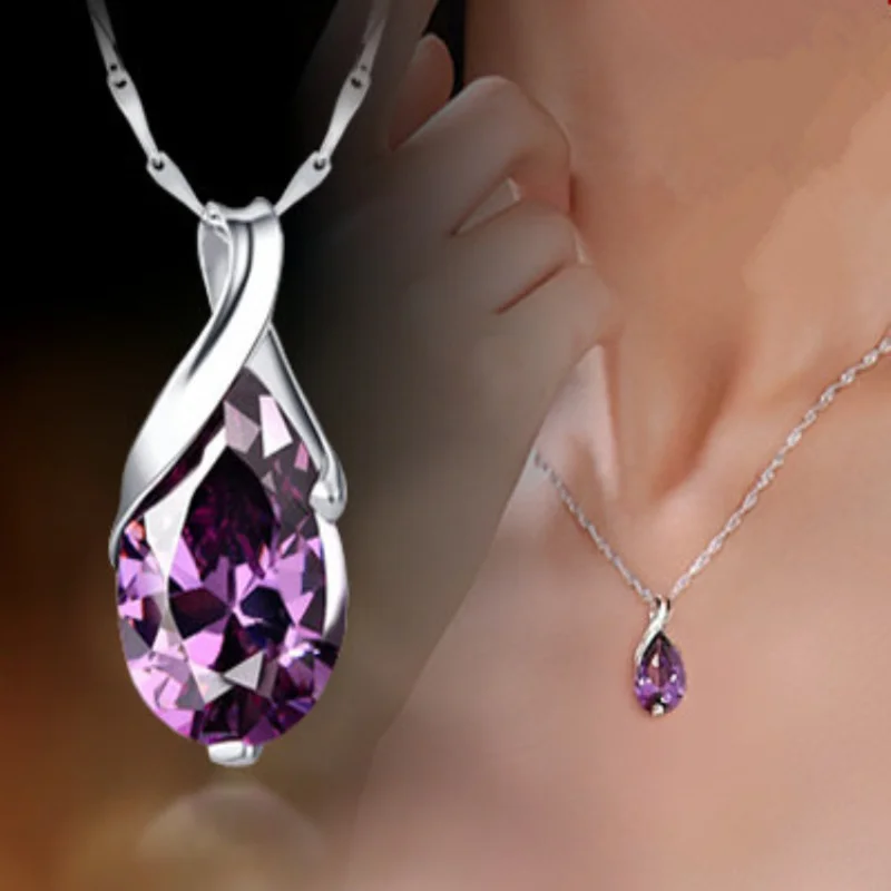 New S925 Sterling Silver Necklace Angel Tears Crystal Purple Pendant Necklace for Woman Charm Jewelry Gift