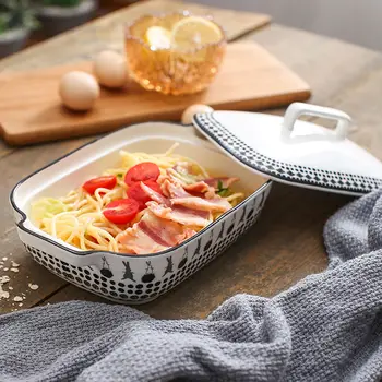 

Creative Ceramic Baking Tray with Lid Double Ear Bowl with Lid Baking Pan Baked Rice Baking Tableware Set Bakeware Cake Mold