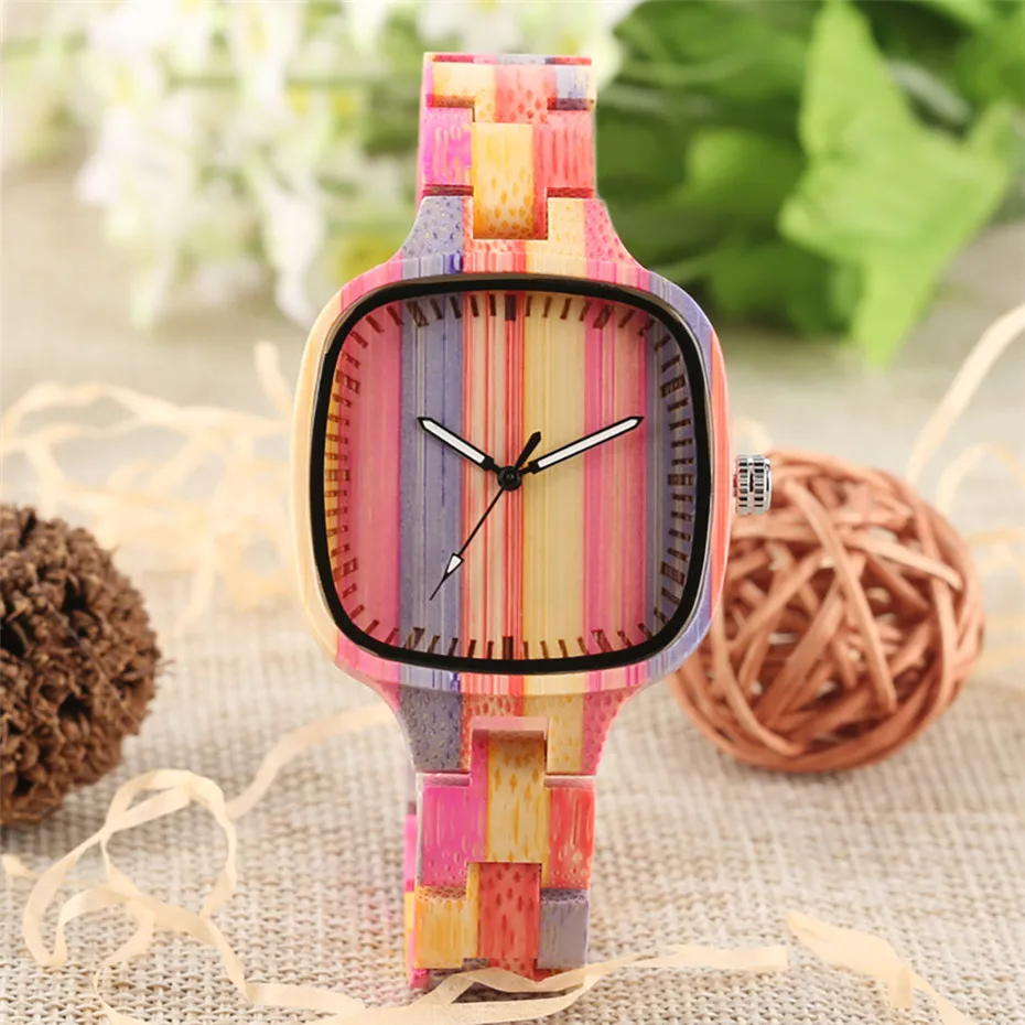 

montre en bois Women Wood Watch Colorful Bamboo Watches Unique Square Dial Quartz Movement Lady Fashion Wooden Wristwatch reloj