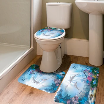 

4pcs Non Slip Bathroom Flannel Printing Mat Cover Toilet Lid Pad Floor Carpet Rug Polyester Shower Curtain Bathtub Supplies