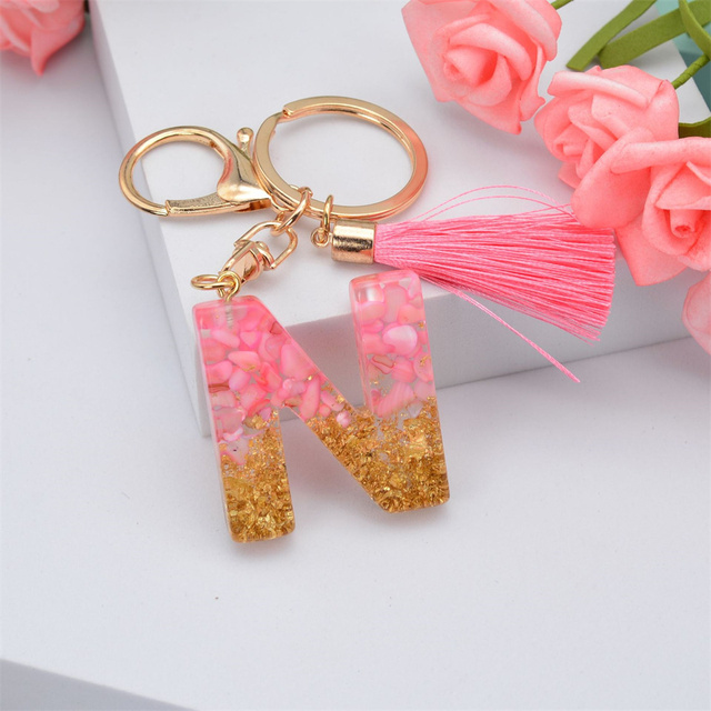 Creative Letter Alphabet Crystal Arylic Liquid Keychain Women Key Chains Ring Car Bag Tassels Pendent Charm Gift Accessory