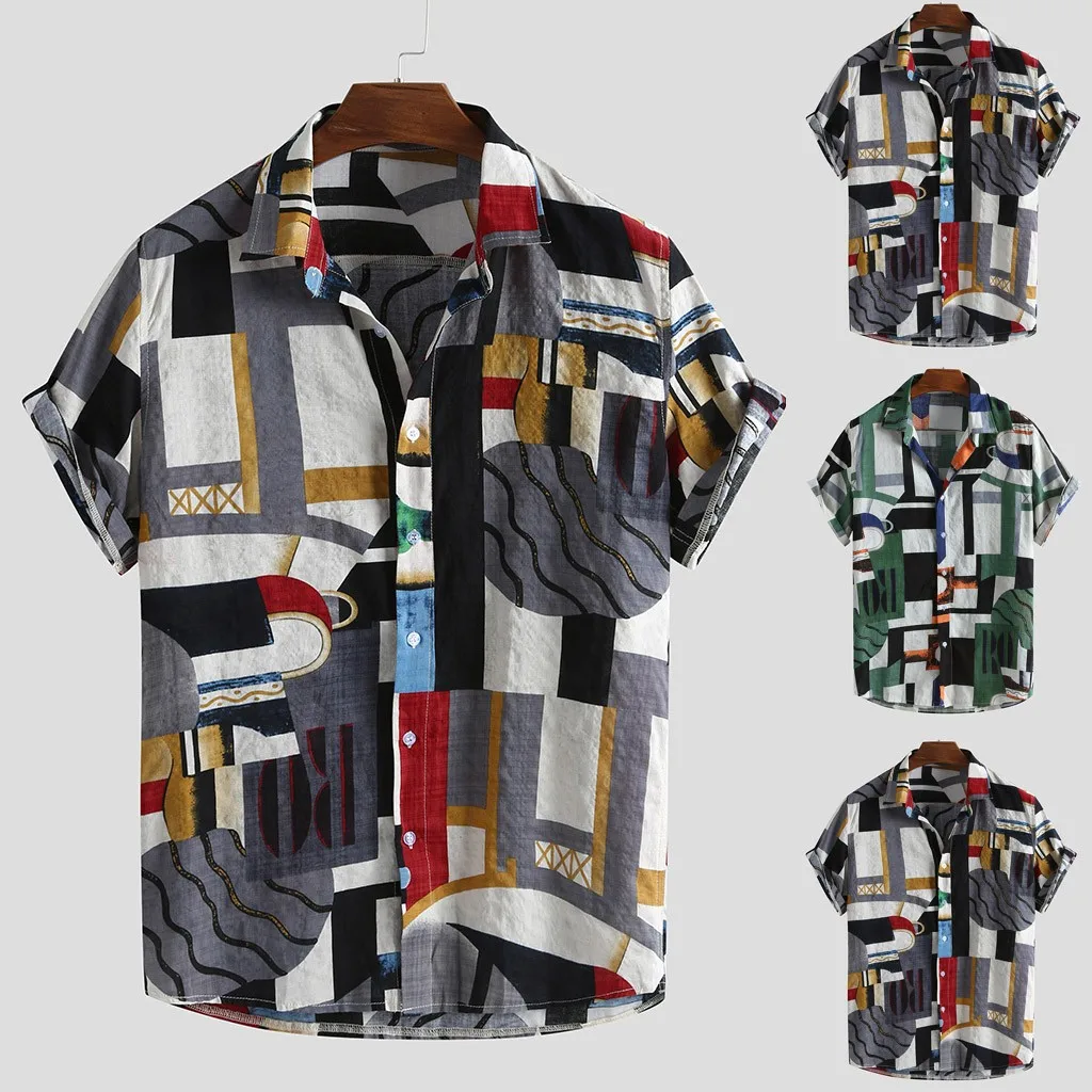 Shirts Men Short Sleeve Shirt camisa masculina Mens Ethnic Style Summer Short Sleeve Loose Buttons Casual Shirt Blouse Top M-3XL