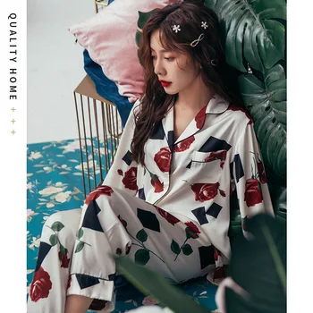 

Women's Pajama Pants Set Summer and Autumn New Ice Silk Silk Pajamas Rose Satin Loose Soft Soft Comfortable Home Wear