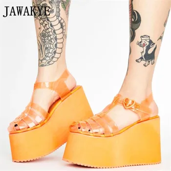 

Candy Color Summer PVC Sandals 10cm Platform High Heel Girl's Party Shoes Ankle Strap Hollow Out Round Toe Shoes Wedge Sandals