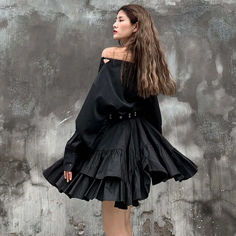 Fashion Black Small Ring Belt High Waist Stitching Ruffle Irregular Woman Skirt Casual Wild Simple Fashion Tide Autumn New TV931