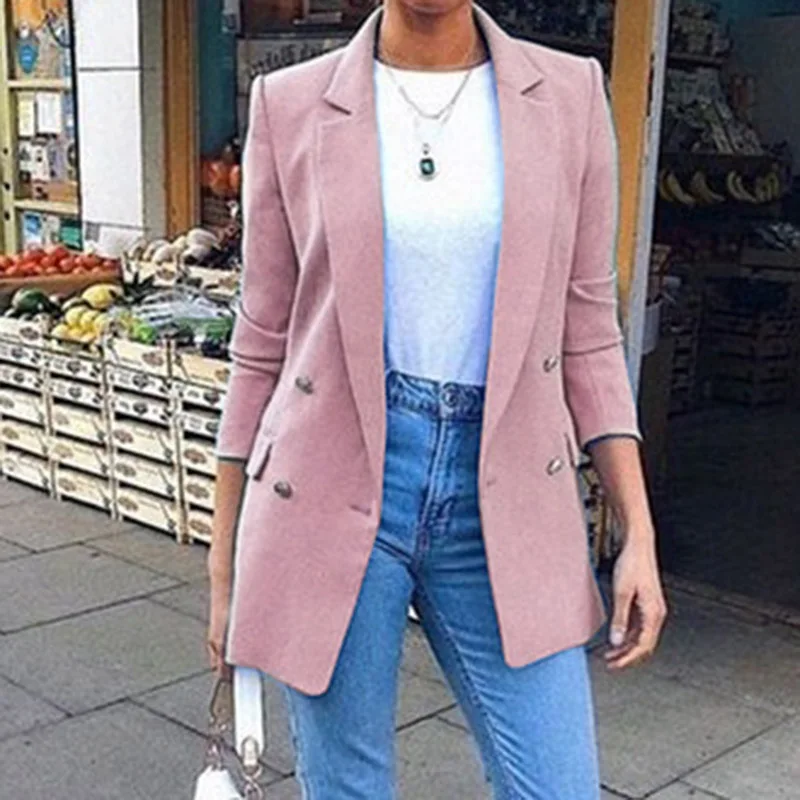 Long Sleeve Solid Color Turn-down Collar Coat Lady Business Jacket Suit Coat Slim Top Women blazers OL Cardigan - Цвет: W32603PK