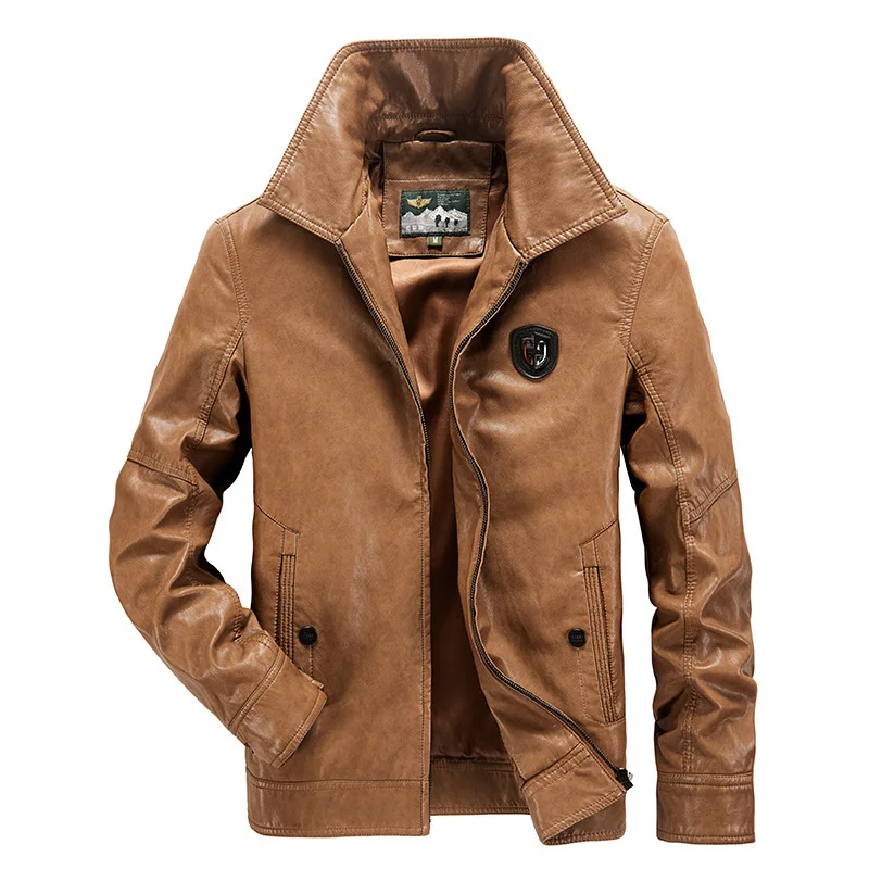 

2019 New Style Leather Jacket Men Fashion Fold-down Collar Slim Fit Coat Middle-aged Wear-Resistant Anti-wrinkle Fit Tops 9936
