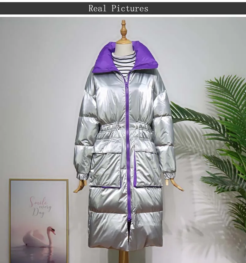 Winter Women Silver Duck Down jacket Loose High collar Female Long Outwear Long sleeve Thick warm Coat Casual YNZZU 9O096