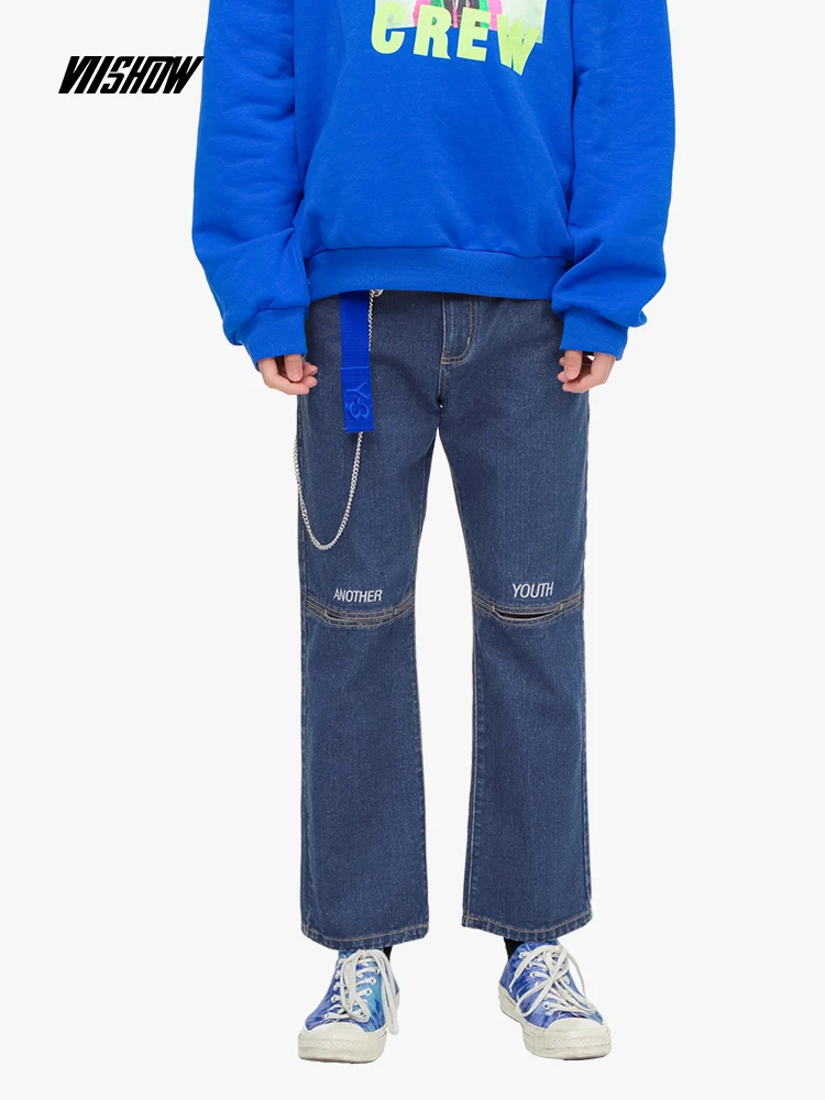 Viishow рваные джинсы для мужчин, Брендовые мужские простроченные прямые джинсовые брюки, повседневные брюки, новинка, весенние хлопковые мужские джинсы NC1187191